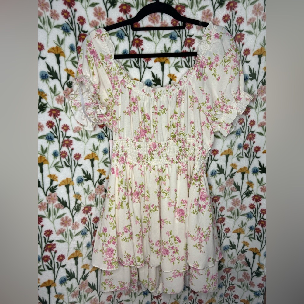 Inspired Hearts White Floral Dress romper with Pink and Green Print - Picture 2 of 2